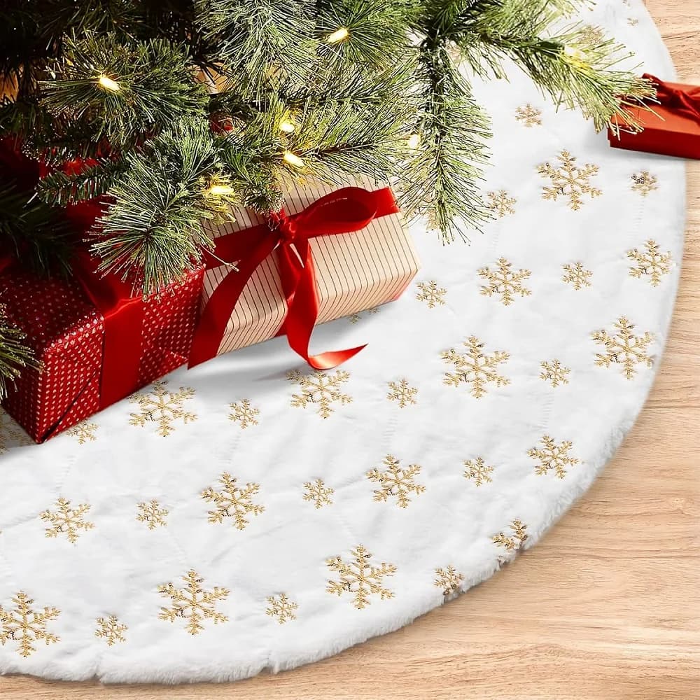 Gonna per albero di Natale da 90 cm - Gonna per albero con paillettes con fiocco di neve adatta per la decorazione della festa dell'albero di Natale Gonna per albero di peluche bianca