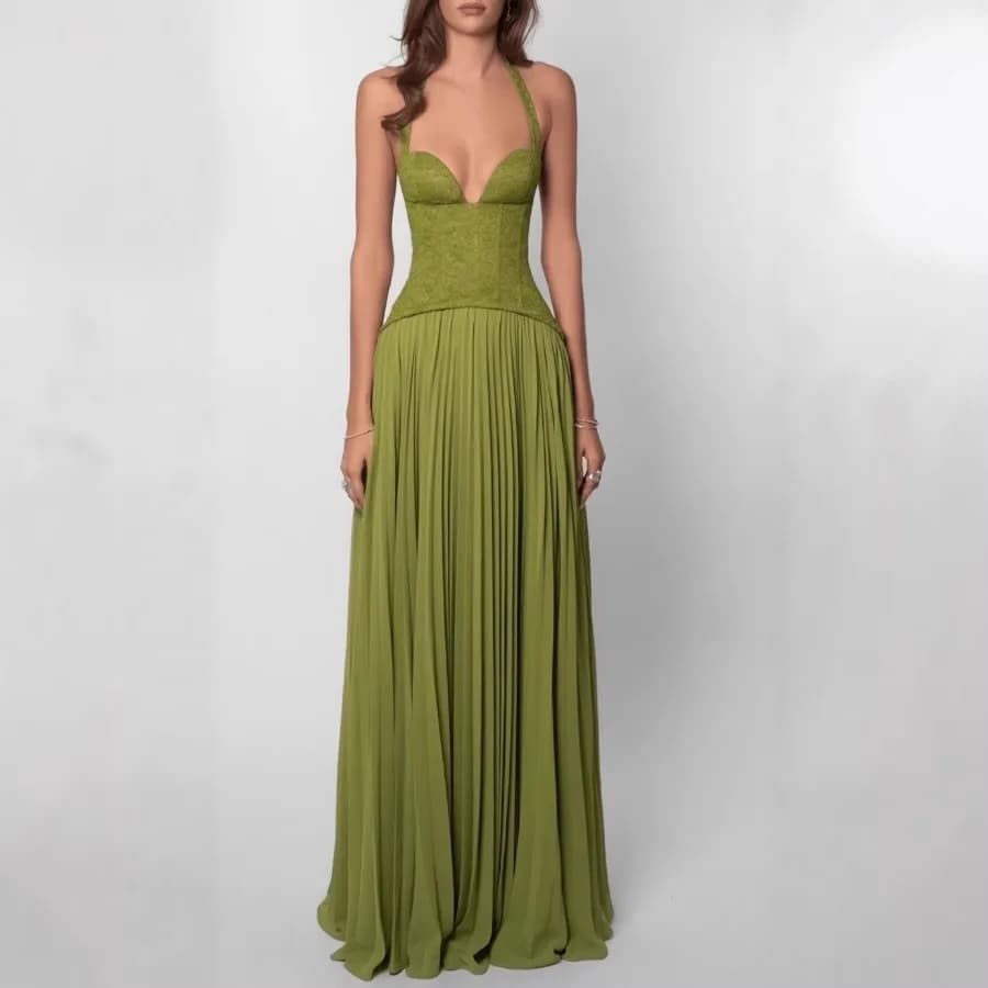 【New style】European and American women's clothing sexy elegant splicing long dress scarf collar back strap tube top dress