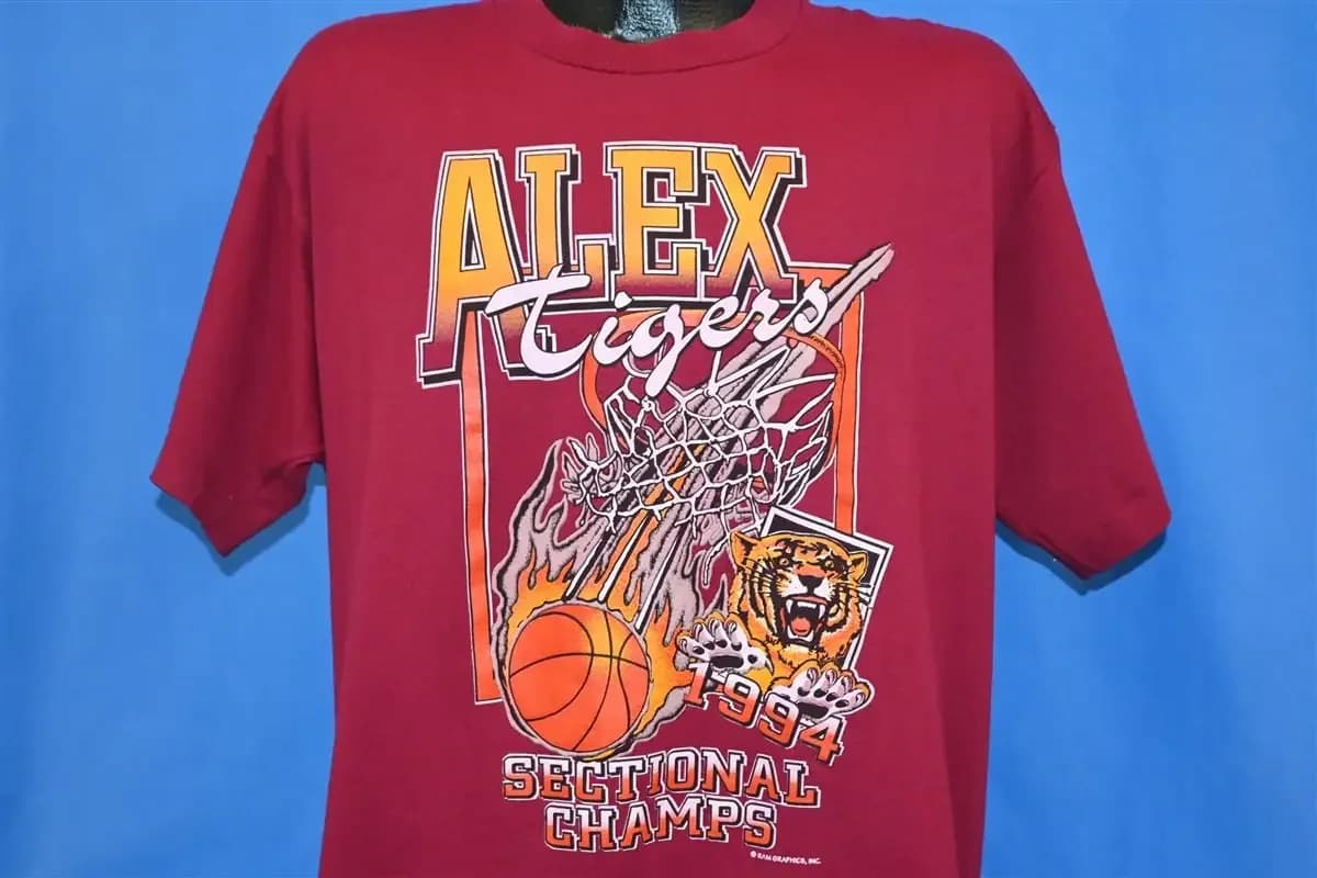 Maglietta dei campioni sectional di basket degli Alexandria Highschool Tigers degli anni '90, extra large