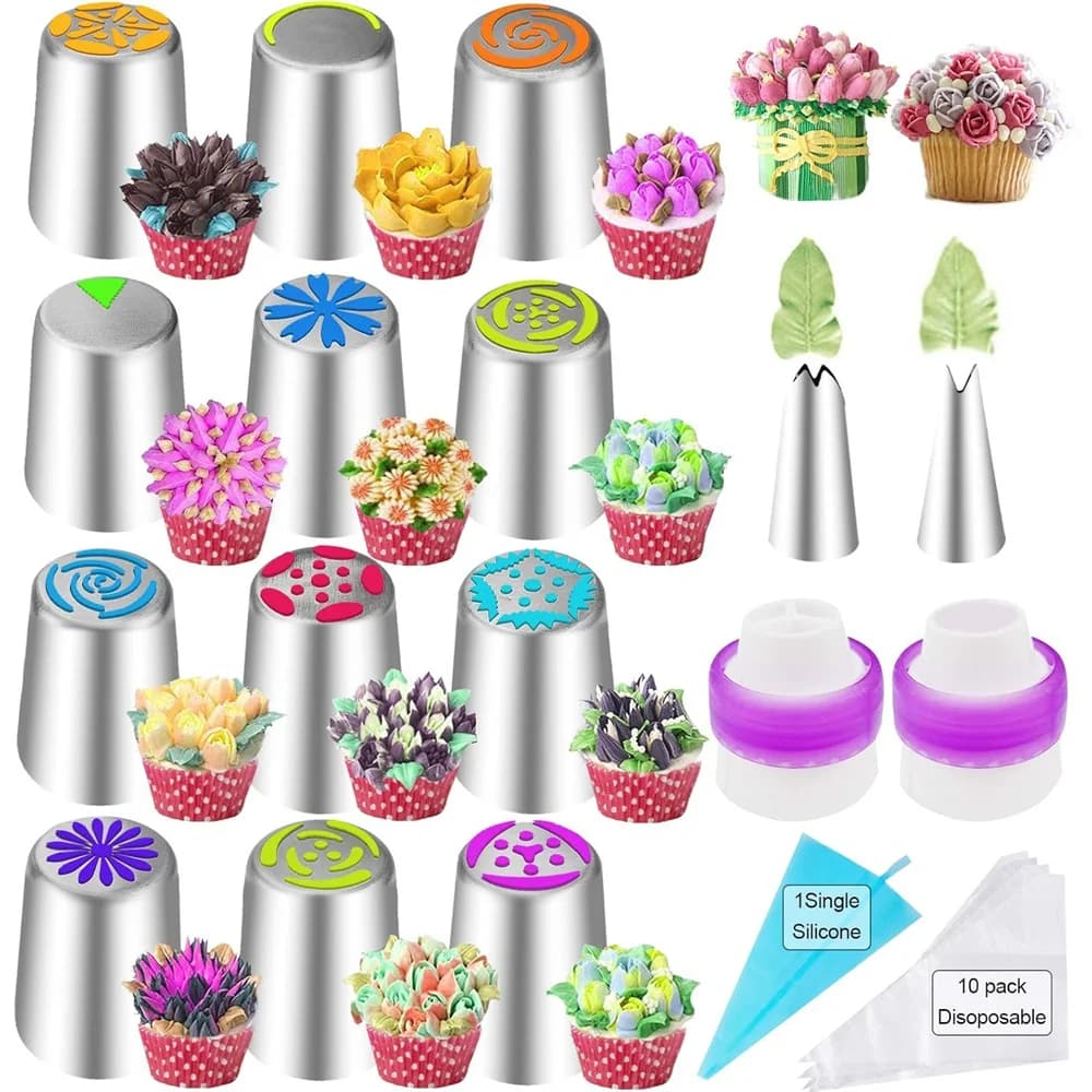 27 Set di ugelli in acciaio inossidabile con punta per glassa per crema a tulipano russo, strumento di decorazione per caramelle, per cupcakes, biscotti, feste di compleanno, cottura anche