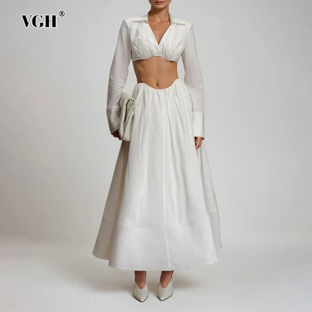 VGH Set di due pezzi dimagranti solidi sexy per le donne Scollo a V Manica lunga Mini Top Gonna a vita alta Temperamento Set Moda femminile Nuovo