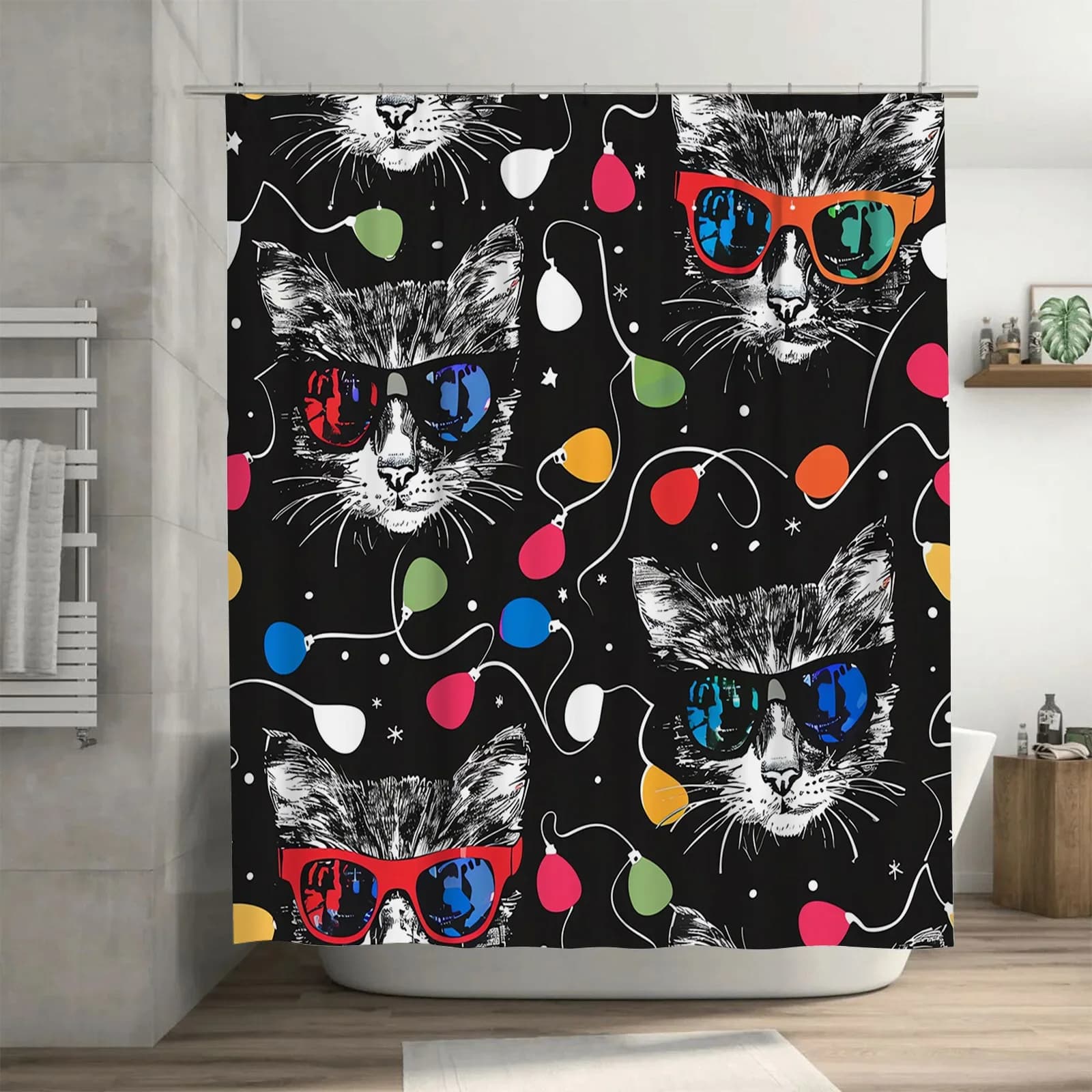 Tenda da doccia nera con decorazione impermeabile per il bagno dal design divertente del gatto, perfetta per l'arredamento della casa! (36x72 pollici)