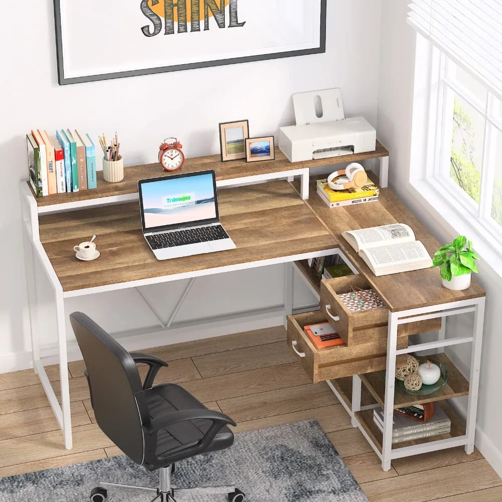 Postazione di lavoro da scrivania per computer a forma di L con 2 cassetti, ripiano portaoggetti, supporto per monitor