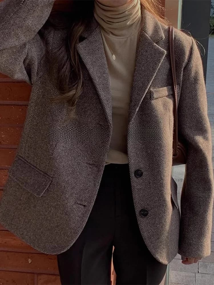 ROUJE KEFSS Women's Loose Woolen Suit Jacket Thickened Casual Autumn Winter Outerwear for plus Size Shape Pear Shape