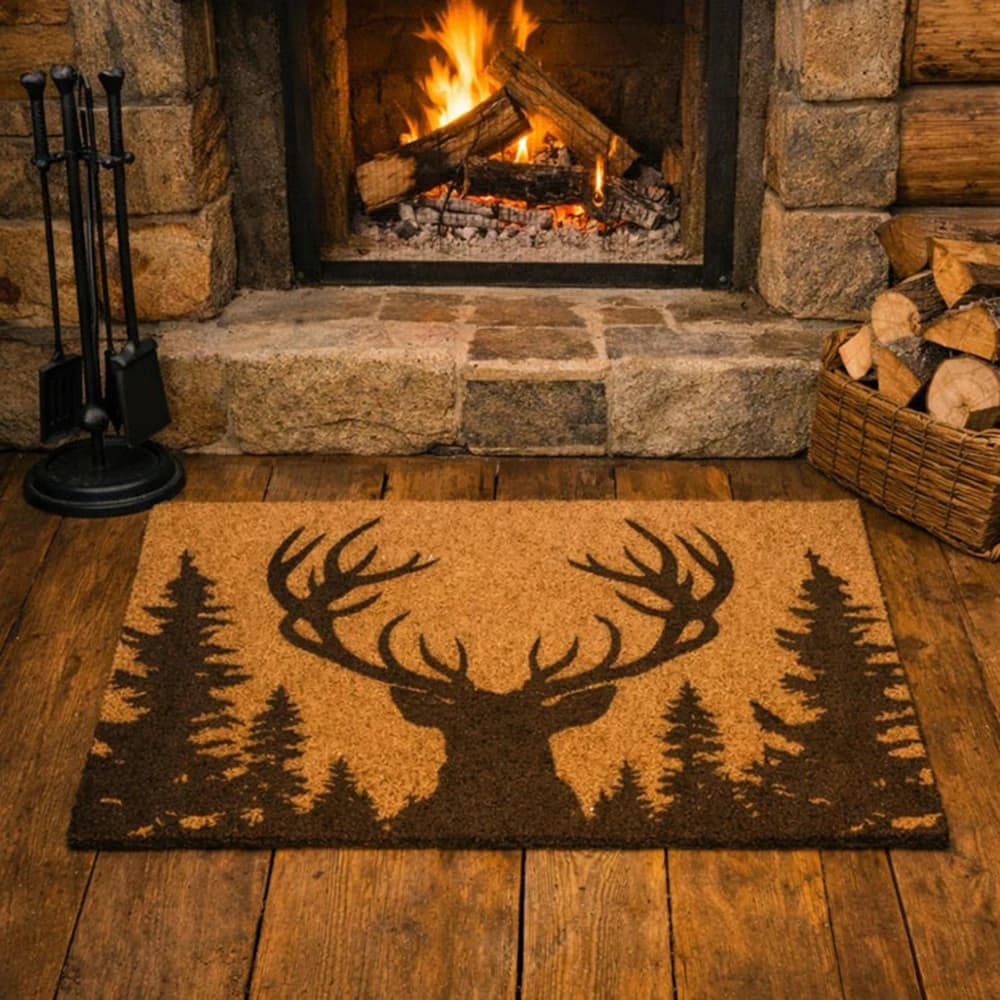 Rustic Deer Coconut Coir Doormat Cabin Front Porch Lodge Decor Mat Cozy Country Home Entryway Rug Hunters Floor Mat Non Slip