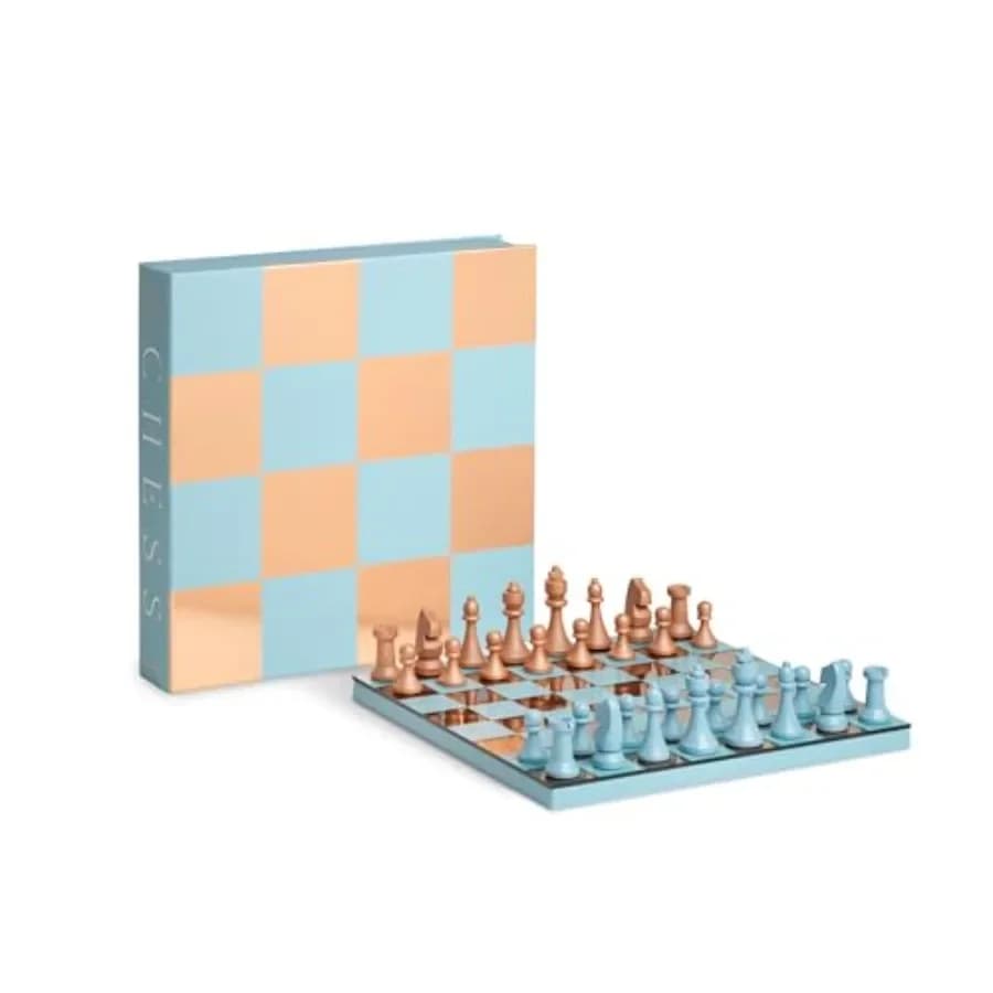 Gioco da Tavolo Decorativo: Set di Scacchi in Legno con Scacchiera in Acrilico a Specchio, Azzurro/Rame, Scatola Certificata FSC