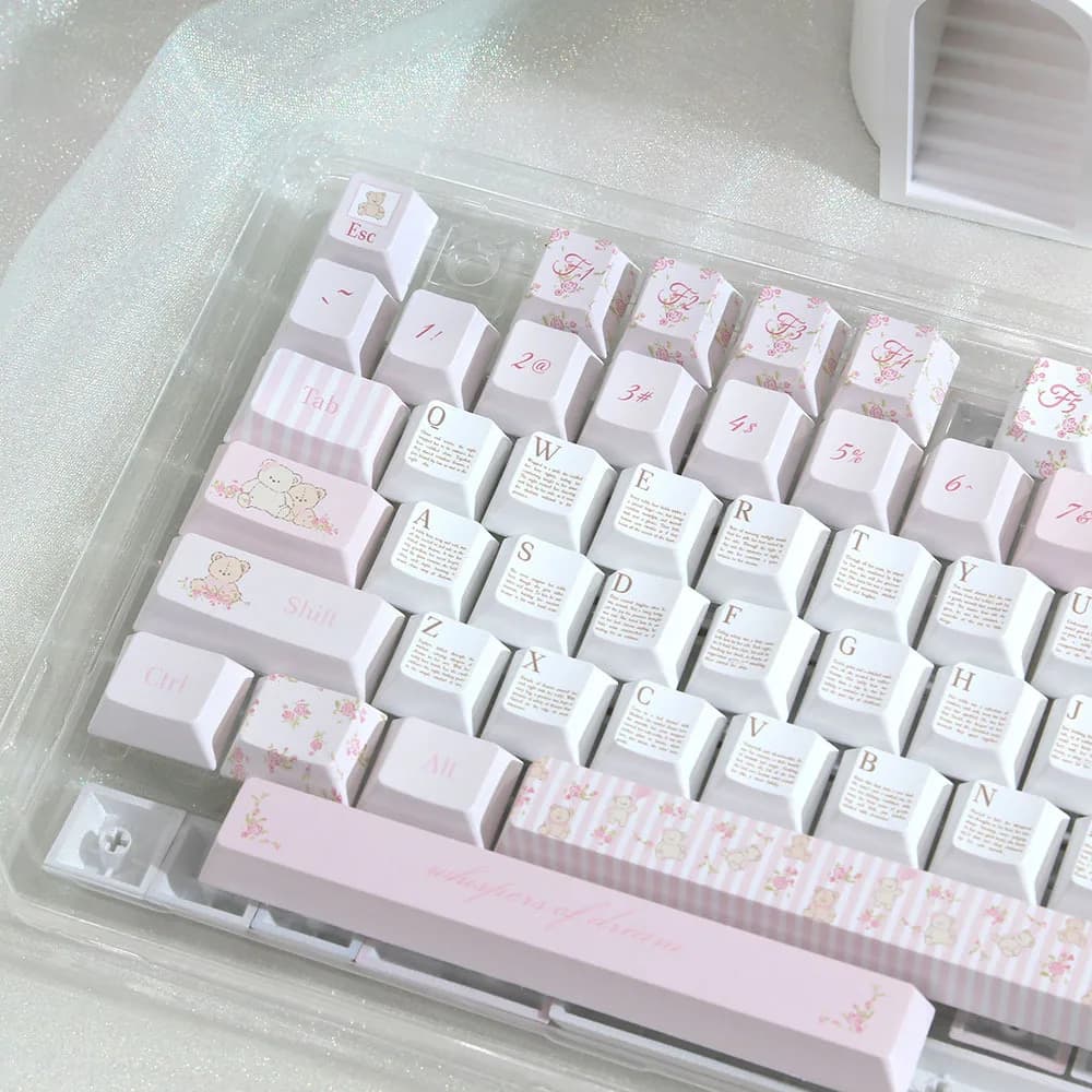Keycap Bear Flower Advice MOA, colore rosa e nero, in PBT, rotondo, simpatico, a tema cartone animato, per tastiera meccanica