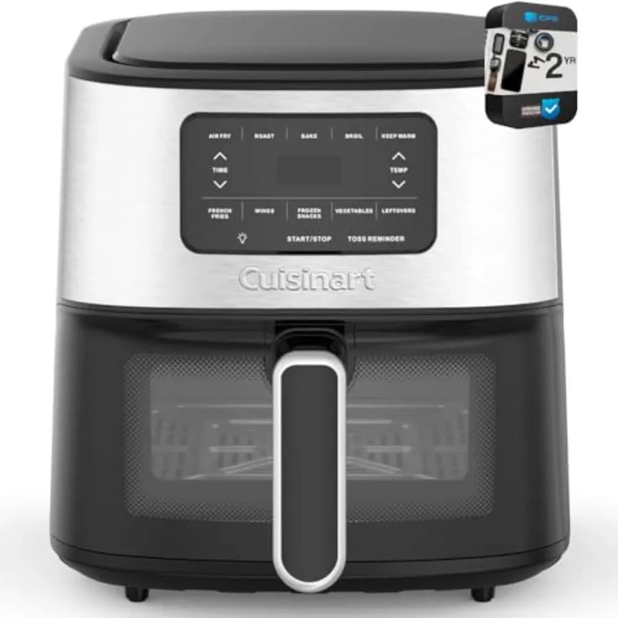 Friggitrice ad Aria da 6 Qt in Acciaio Inossidabile con Pacchetto di Protezione Avanzata CPS da 2 Anni per Uso Domestico in Cucina, Cestello Antiaderente Nero, Cottura Rapida