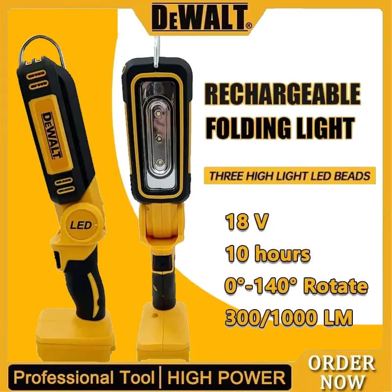 Lampada da Campeggio Multifunzionale DEWALT 20V a Batteria al Litio, Luce d'Emergenza Portatile Pieghevole a 90 Gradi