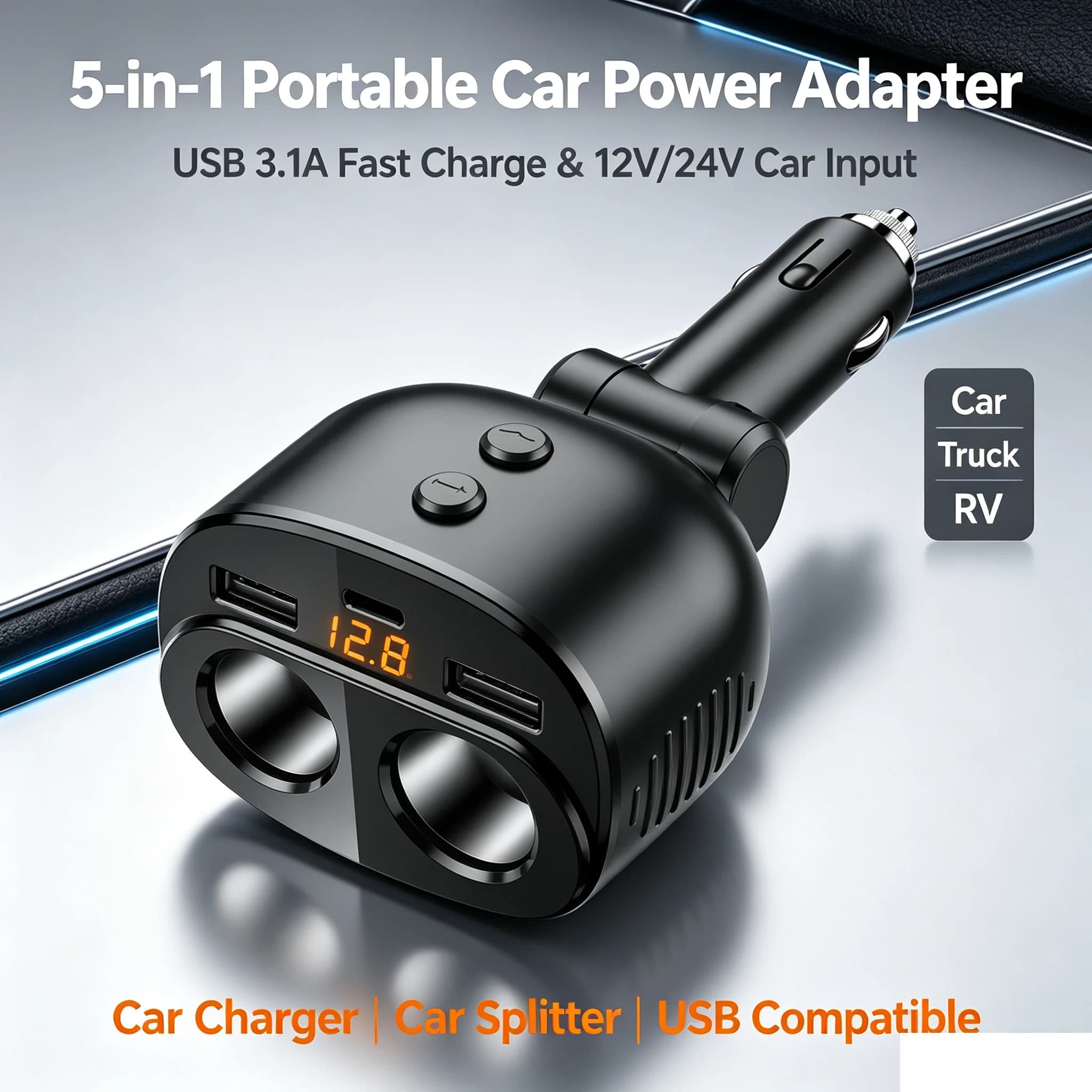 5‑in‑1 Car Cigarette Lighter Splitter 12V/24V Car Power Adapter Dual Cigarette Lighter Socket 3‑Port USB Fast Charger Voltage Di