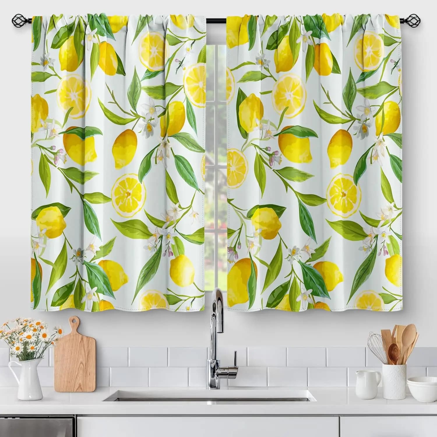 Aimego Lemon Kitchen Curtains - Spring Country Farmhouse Rustic Nature Fruit Leaves Short Cafe Tier Curtains for Living Dining R