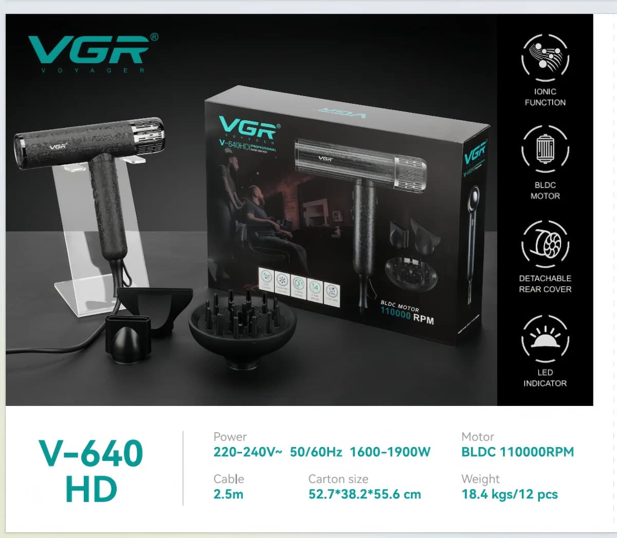 VGR 640HD Bestseller 110000 RPM Professionale Asciugacapelli Il migliore Senza spazzole Ioni negativi Asciugacapelli Super Potente Vento Silenzioso Bestseller Salone 1900 W Soffiatore V-401