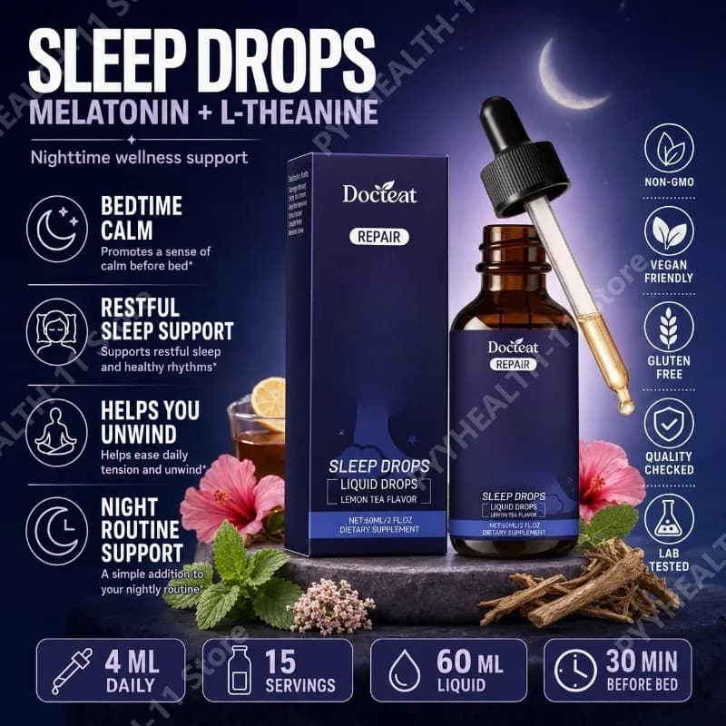 Docteat Sleep Drops L Theanine Lemon Balm Hibiscus Magnesium Vitamin B6 Daily Wellness Support for Men and Women 60ML