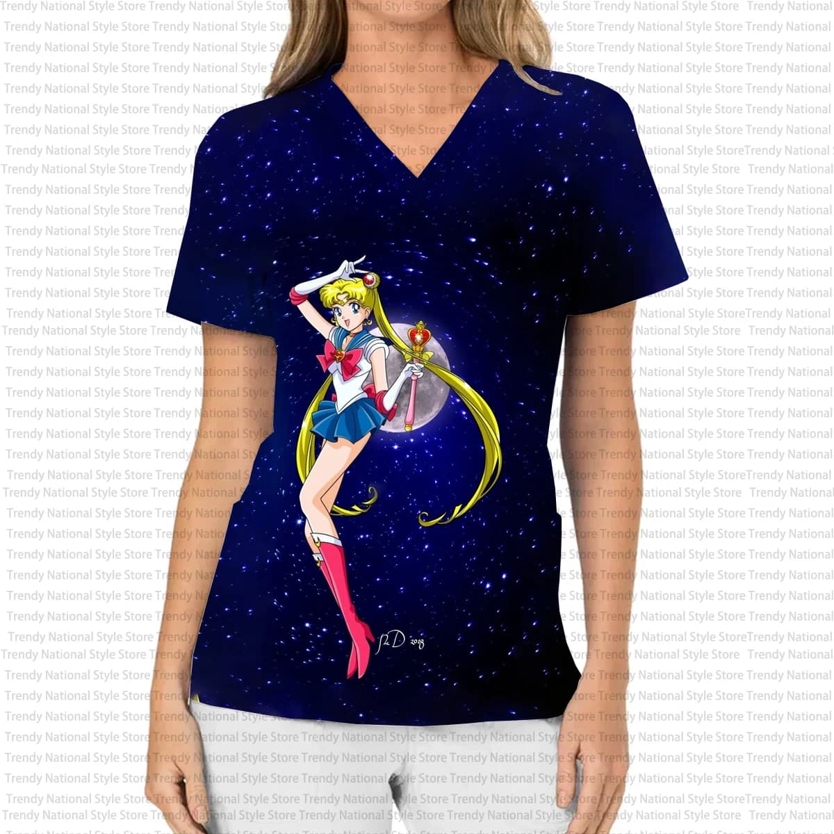 Summer Women's Nurse Uniform Sailor Moon Print V-neck Short-sleeved Nursing Frosted Top Pet Shop Grooming Salon T-shirt