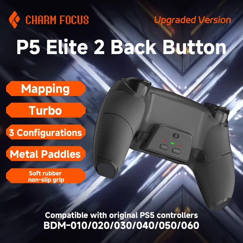 A metal button with soft rubber grip and dual back keys with continuous hair and mapping functions, suitable for DS5 controllers