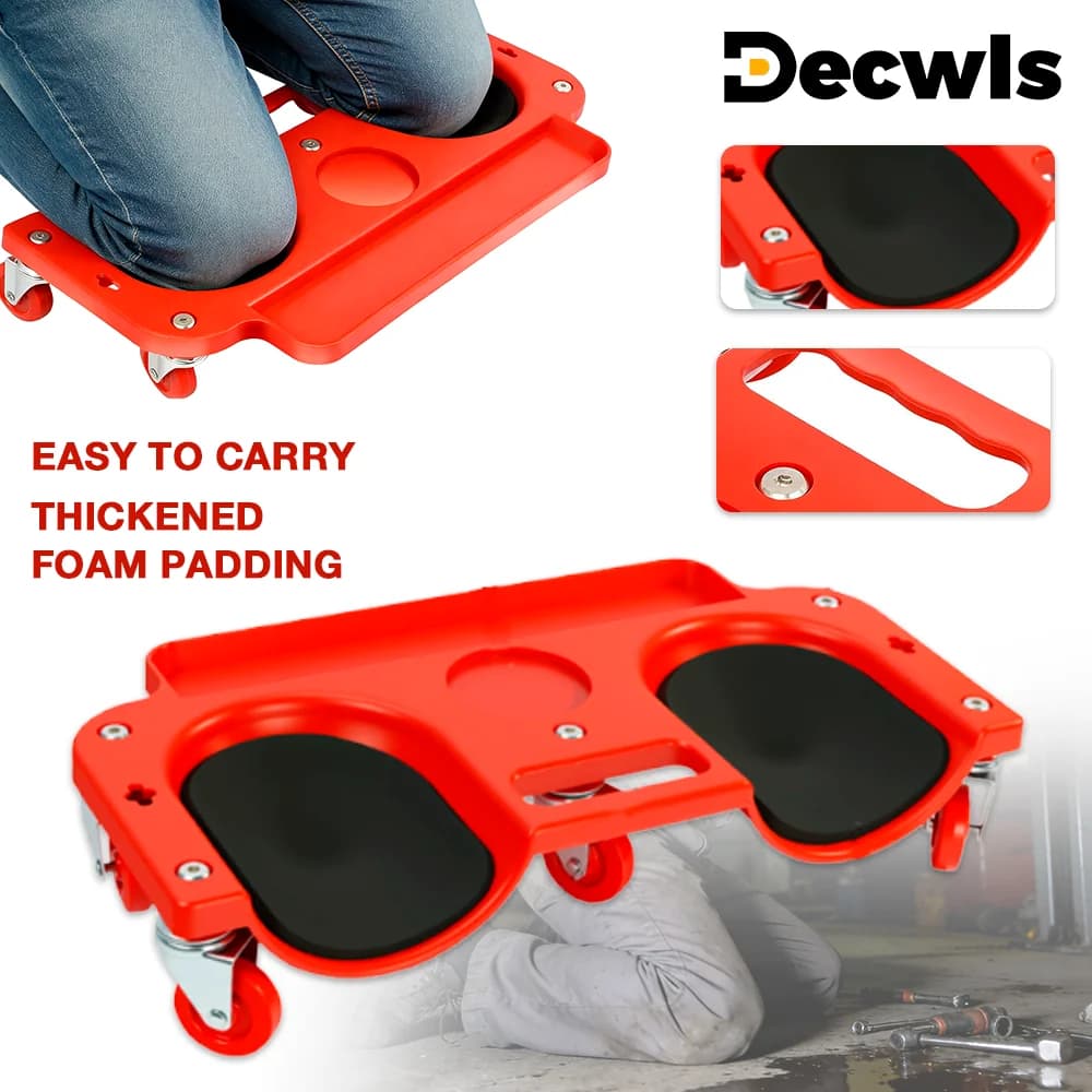 Skateboard with wheels, reinforced knee pads, equipped with 5 360-degree swivel wheels and tool tray, suitable for car repairs, laying tiles and construction works.