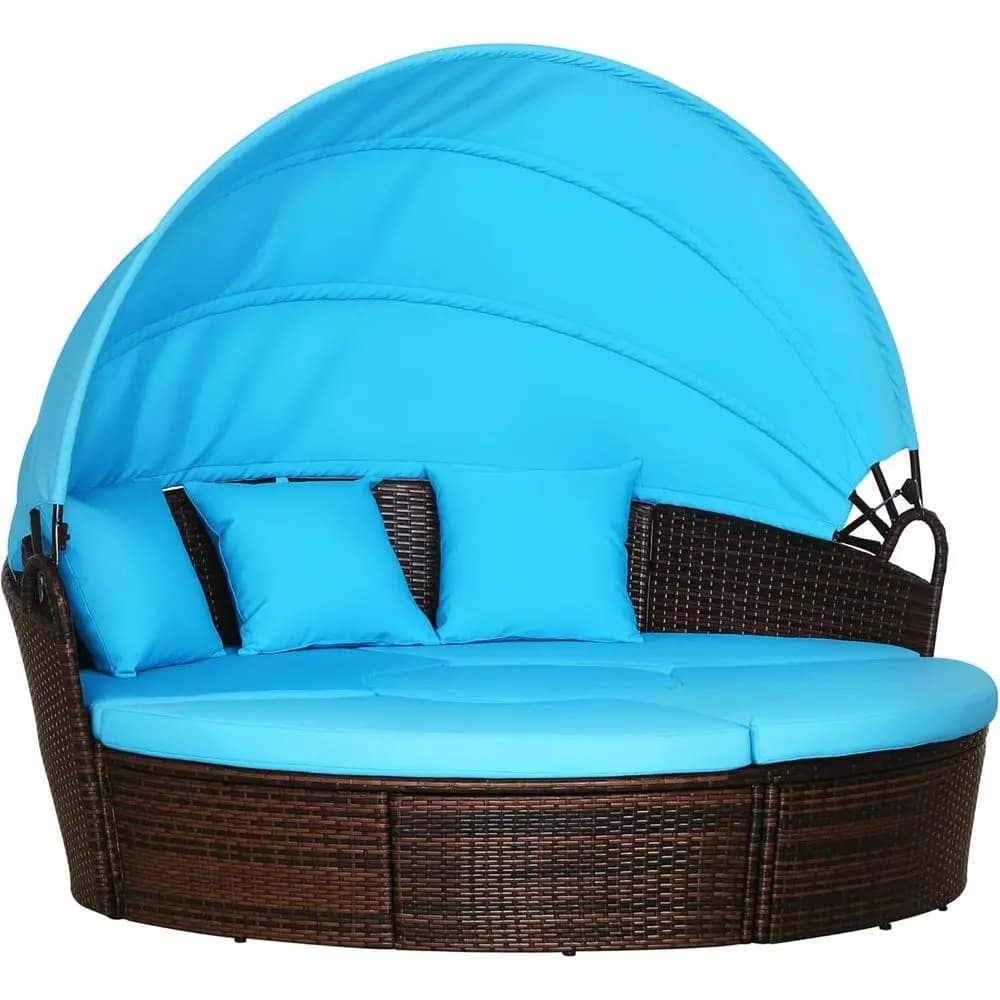 Set Divano Letto Rotondo Convertibile da Esterno in Rattan PE a 4 Pezzi con Cuscini, Lettino Prendisole Regolabile, 2 Sedie, Tavolino, 3 Cuscini