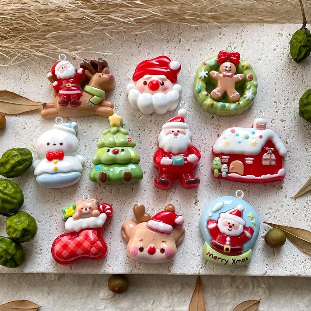 10pcs Christmas cartoon Snowman Deer Resin Pendant DIY Handmade Jewelry Accessories Making for Keychain Phone Case Decoration