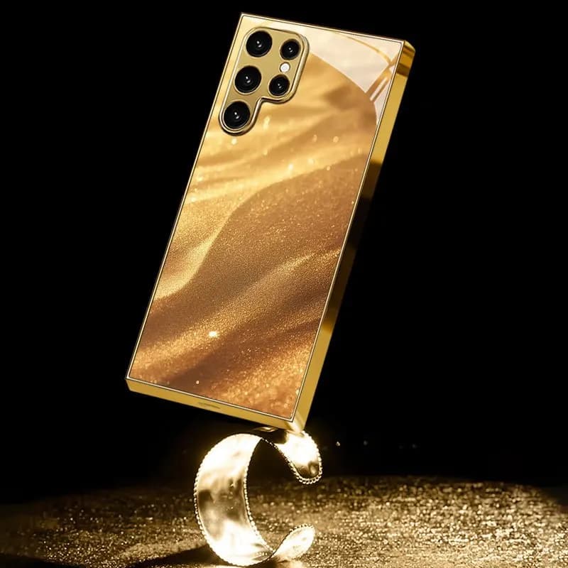 Custodia per telefono in vetro temperato placcato oro, compatibile con Galaxy S26 S25 S24 S23 S22 Ultra Plus. Presenta un design a forma di duna dorata.