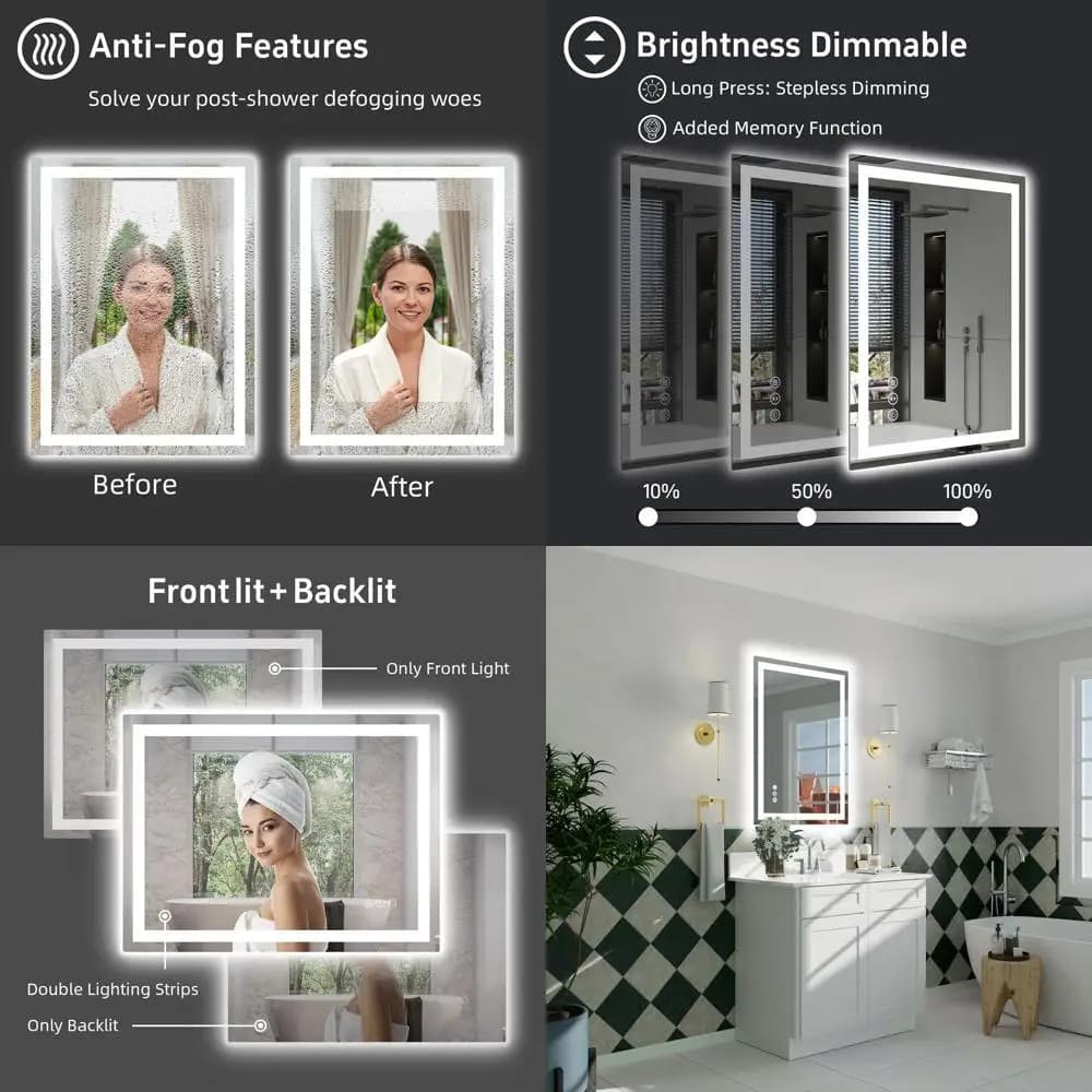 Specchio da bagno illuminato a LED 24x32, dimmerabile, doppia illuminazione, specchio cosmetico in vetro temperato con luci posteriori e frontali, 3 colori