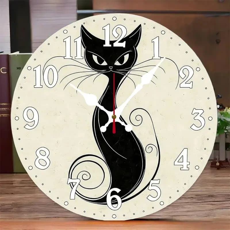 DIY 2D Flat Abstract Black Cat Wooden Round Silent Hanging Wall Clock, Suitable For Living Room, Office,Study Room, Bedroom, Home Decoration