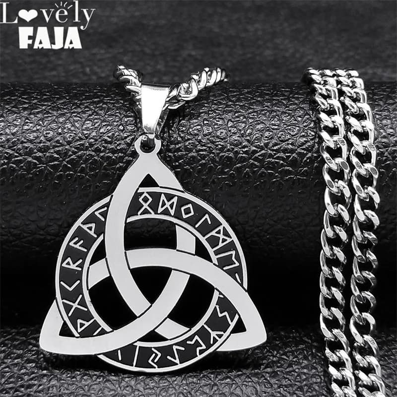 Norse Viking Futhark Runes Triquetra Celtic Knot Symbol Pendant Necklace Holy Trinity Stainless Steel Amulet Chain Jewelry Gift