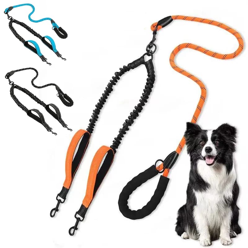 Guinzaglio Doppio Riflettente per Cani con Due Maniglie, Girevole a 360°, Anti-Groviglio, con Ammortizzatore Confortevole