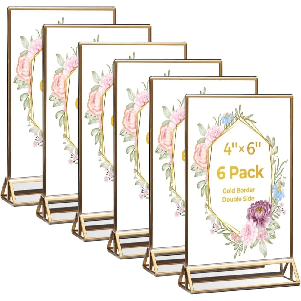 6 Pack Acrylic Sign Holder 4x6 Gold Frames Double Sided Vertical Clear Display Stand Wedding Table Number Holders Picture Menus