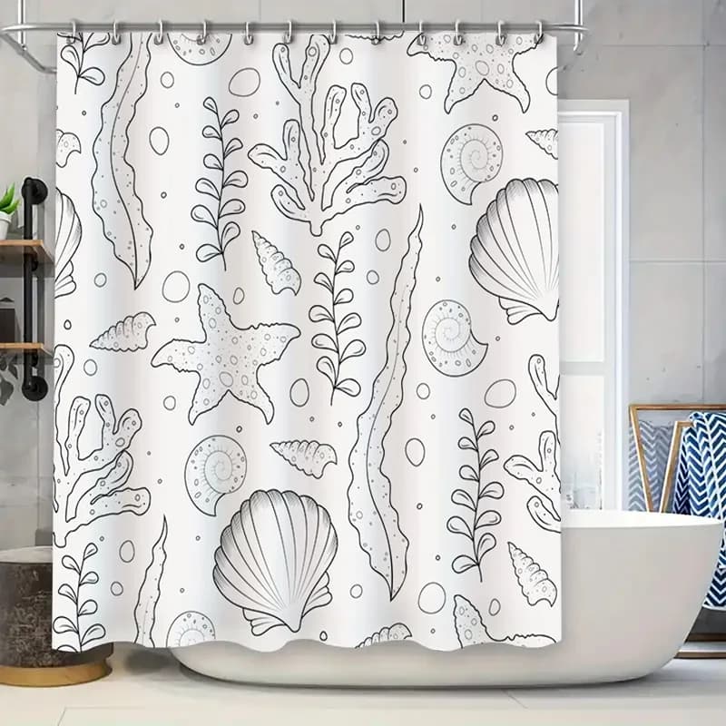 Set tenda da doccia con stampa Sea Life, arredamento bagno bianco nero, tessuto impermeabile per bagni Dimensioni: 72x84 pollici (180x213 cm)