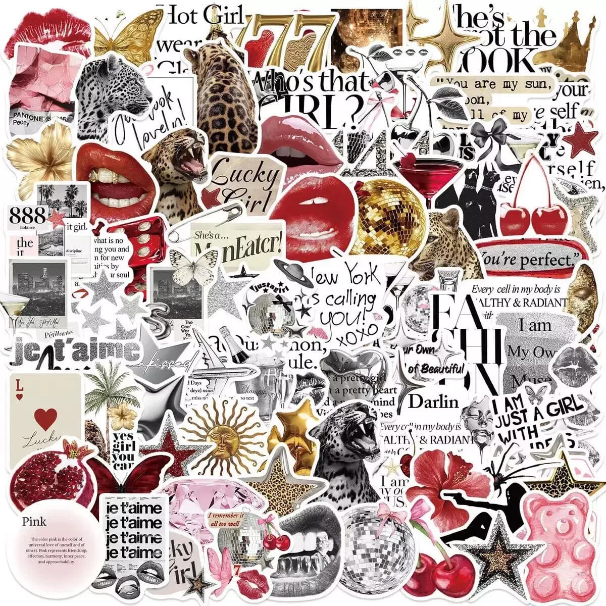 50/100 Pezzi Adesivi Carini Y2K Dorati e Argentati 'Lucky Girl' per Telefono, Laptop, Notebook, Valigia, Skateboard, Adesivi Estetici Fai-da-Te