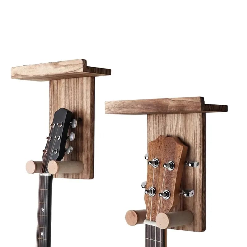 A74K-Appendiabiti per montaggio a parete per chitarra con ripiano e supporto per plettro - 2 ganci in legno per chitarra acustica, elettrica, ukulele