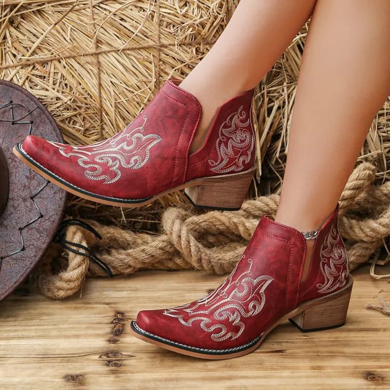 Women Embroidered Western Ankle Boots Retro Mid Heeled Square Head Stitching Line Ethnic Style Short Boot New Party Banquet Boot