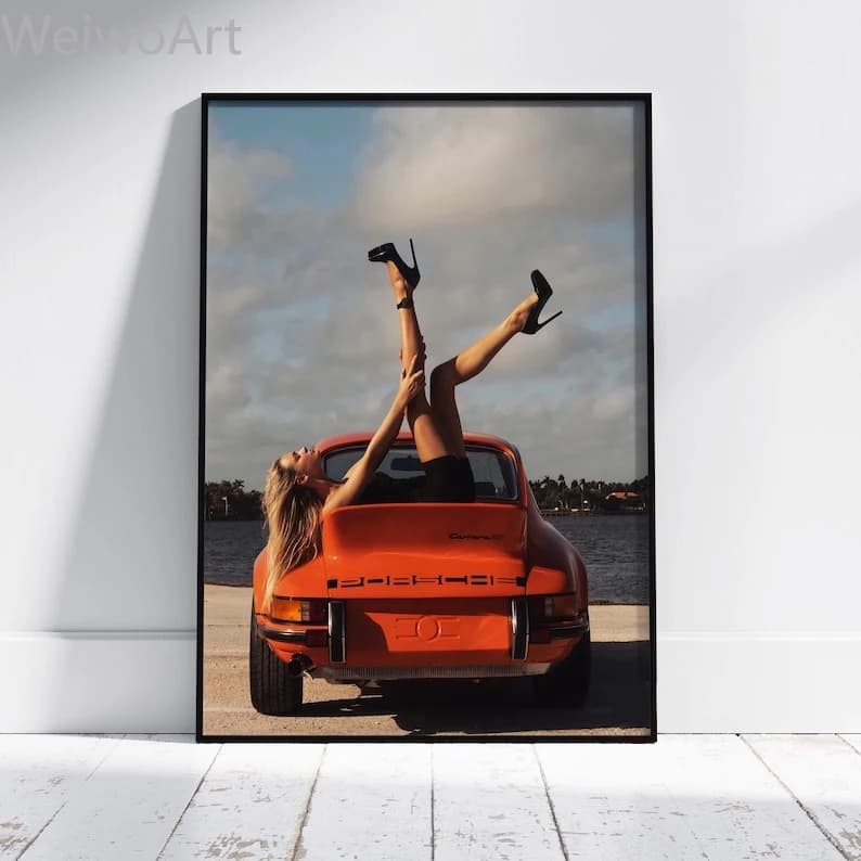 Sexy Girl Sport Car Print on Canvas Poster Auto Race Wall Art Aesthetic image for dorm decoration Fashion painting, without frame