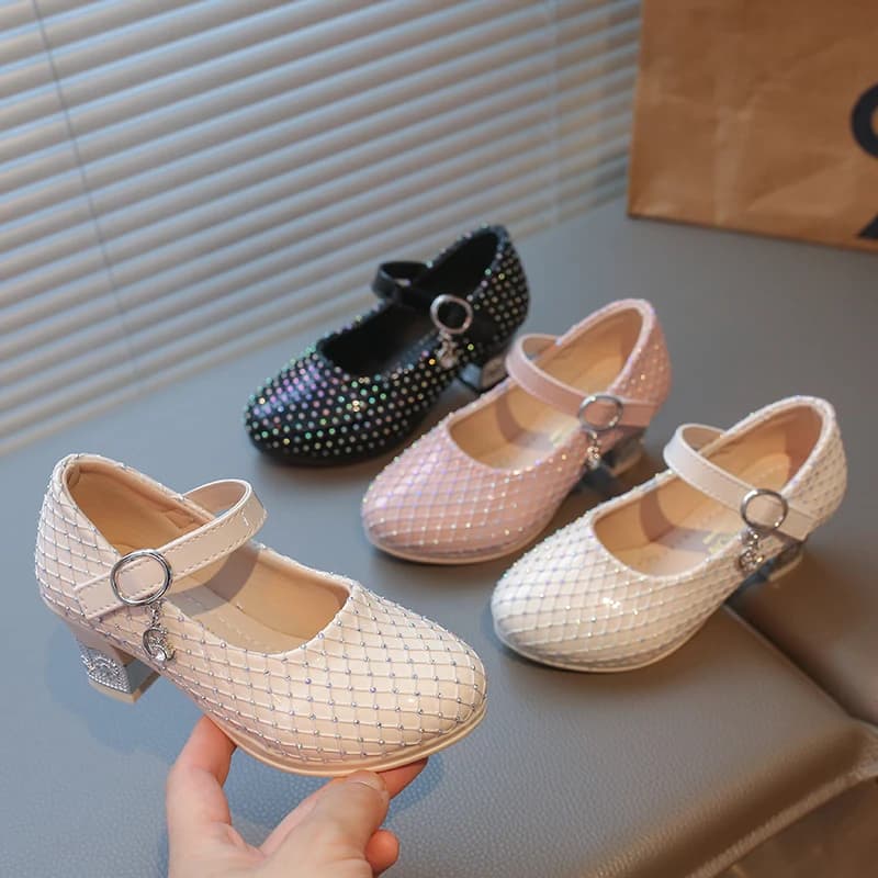 Scarpe Mary Jane con Tacco per Bambine, Decorazioni in Strass, Cinturino in Velcro, Punta Rotonda, Stile Principessa, Calzature per Feste e Spettacoli