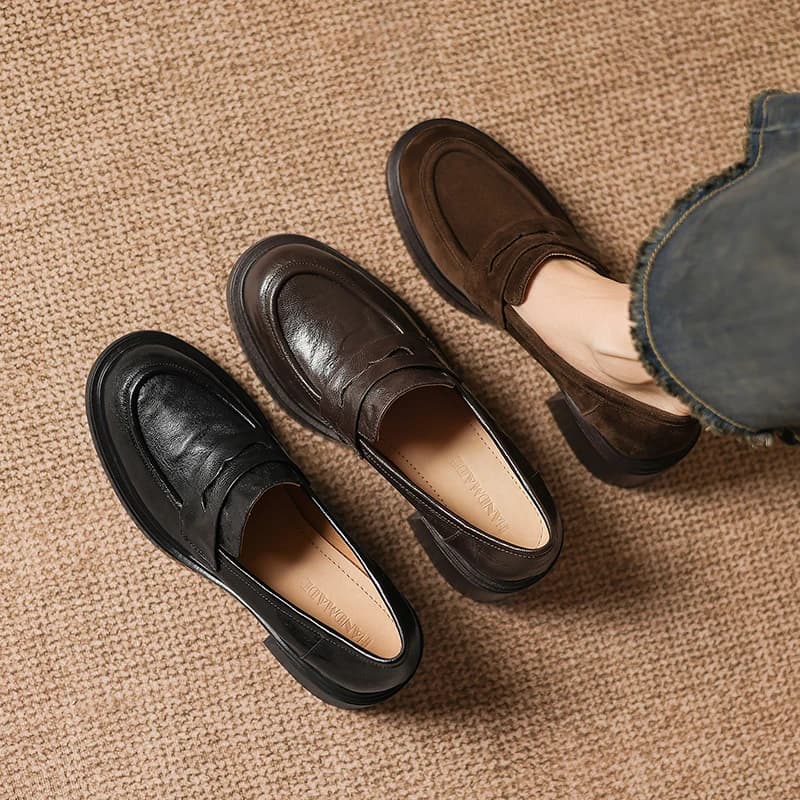 2026 Spring Handmade Women Genuine Leather Vintage Chunky Block Heel Platform Penny Loafers Suede Smooth Slip on High Heel Shoes