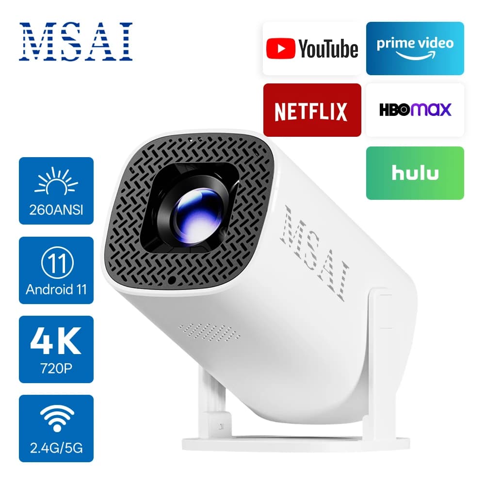 MSAI P30 Mini Proiettore WiFi6 4K 720P Android 11 BT5.4 HDR10 Decodifica Dual Band WiFi Spina mondiale per uso domestico interno ed esterno