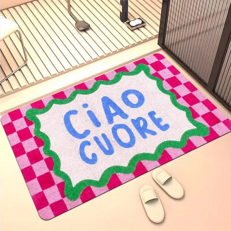 Italian Ciao Cuore Welcome Doormat Trendy Pink Checkered Floor Mat Green Wavy Border Entrance Rug Cute Sweet Home Decor