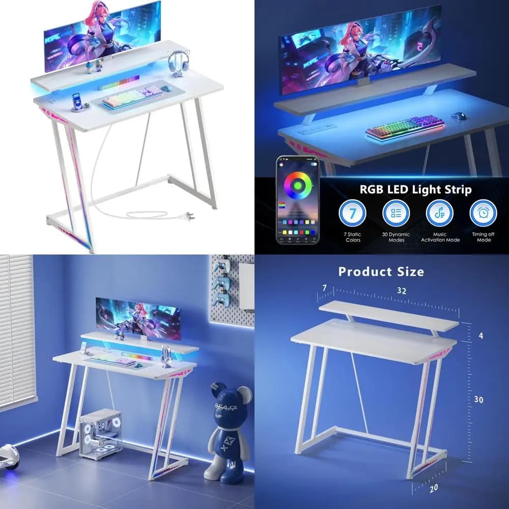 Compact 32-inch PC gaming desk illuminated with carbon fiber surface and | monitor support Power sockets included | Ideal for