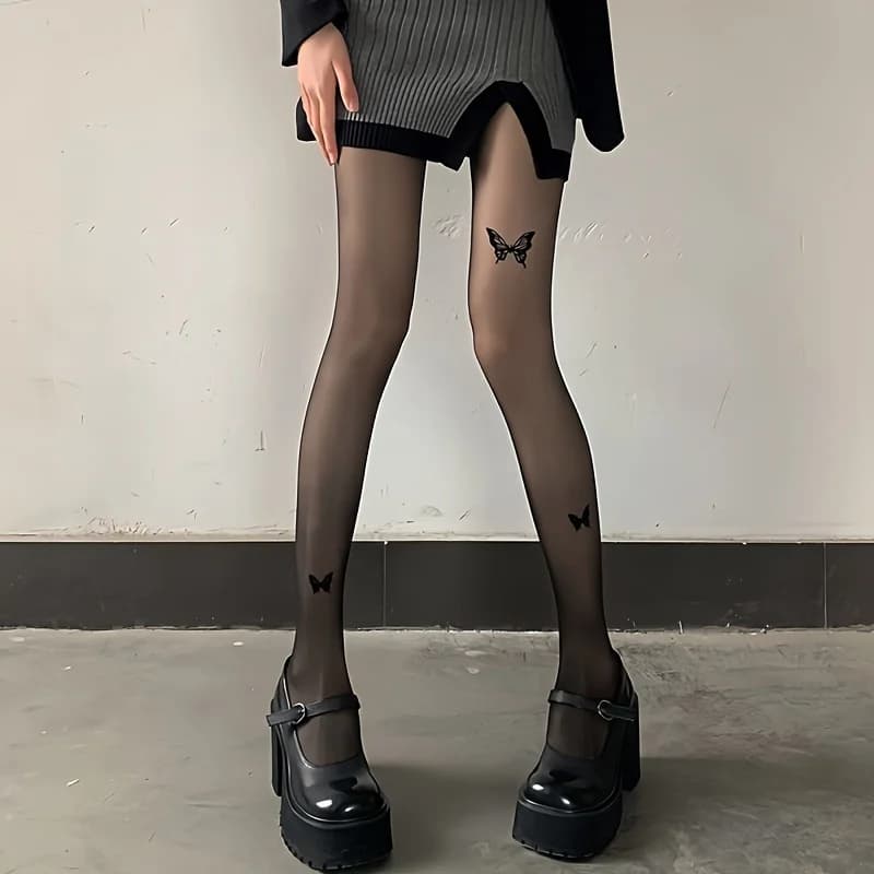 Women's Transparent Mesh Butterfly Pattern High-Waisted Tights - Elegant thigh-high socks with foot tights, black and white design, all-season knit fabric, 280g㎡Teen fashion accessories|Butterfly print|Elastic nylon blend