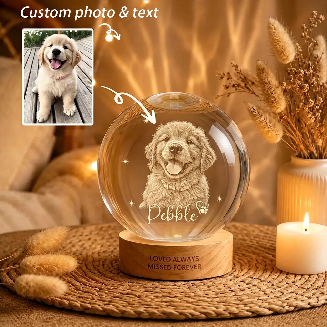 Personalized pet memorial crystal ball with name, dog pet portrait, pet loss crystal ball, customizable with photos and text, pet memorial gift, suitable for dogs and cats, personalized pet memorial crystal ball, pet portrait crystal ball, pet loss commemorative keepsake, gift for pet lovers, cat and dog memorial gift, home decoration, holiday gift