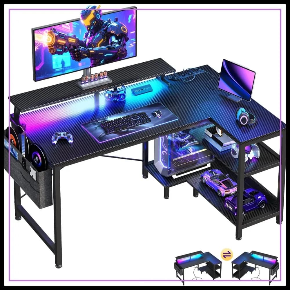 Scrivania da Gaming a L 40 Pollici con USB e LED, Scrivania Angolare Reversibile con Ripiani, Supporto per Monitor, Superficie in Fibra di Carbonio, Nera