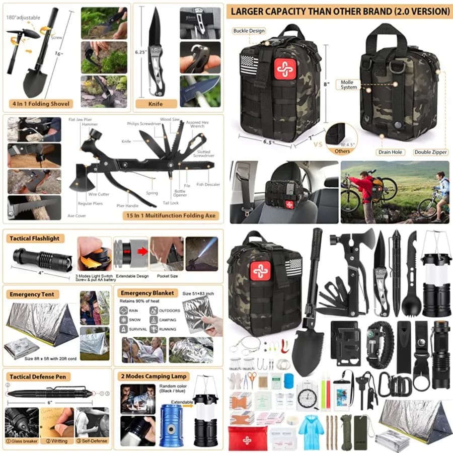 Kit di Sopravvivenza, 250 Pezzi di Attrezzatura per la Sopravvivenza, Kit di Pronto Soccorso con Borsa Compatibile con Sistema Molle e Tenda d'Emergenza, Kit di Emergenza per Terremoti
