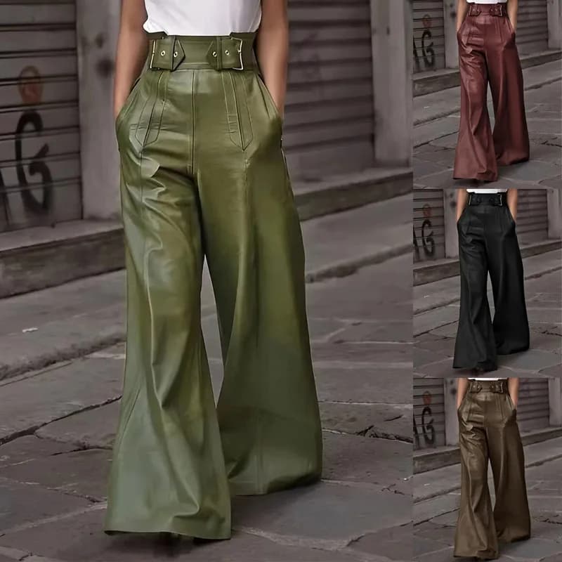 Casual Loose Leather Pants Women High Waist Wide Legs Solid Pocket Flare Pant Female 2025 Autumn Fashion Belt Streetwears Lady
