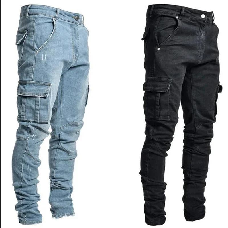 Jeans da uomo in denim elastico da strada lavati pantaloni cargo multitasche tinta unita pantaloni casual slim fit da indossare ogni giorno pantaloni a vita media