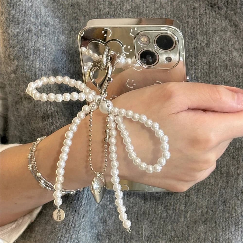 Korean Cute Bow Pearl Phone Pendant Chain Y2K Heart Charm Strap Phone Accessories for iPhone Samsung Camera Bag Keychain Airpods
