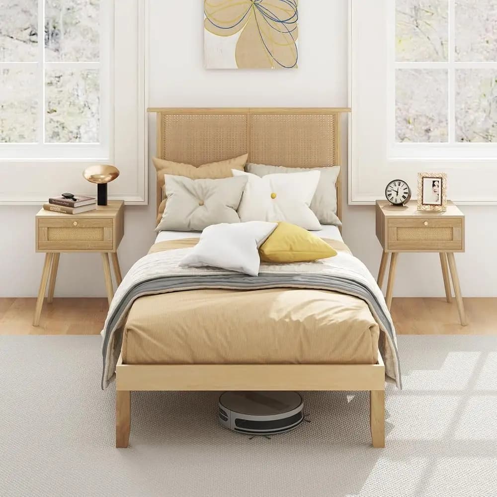 Single bed in solid wood with wooden slats base, container under the bed, suitable for children and adults, does not need slats, natural color