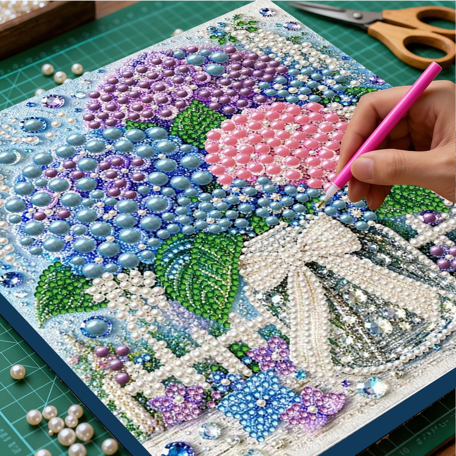 DIY Pearl Diamond Painting Kit Flowers Pearl Art Kits for Adults 7.87x7.87" Rhinestones Beads Diamond Art Kit with Framed Canvas