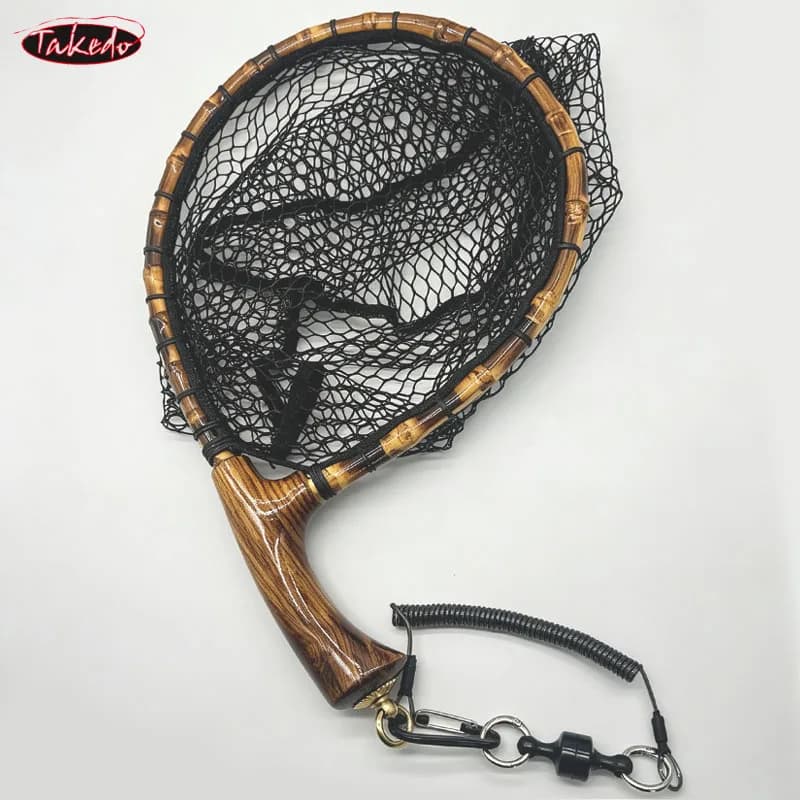 TAKEDO HM03 Handcrafted Oak Wood Handle Lightweight Trout Landing Net Fly Fishing Net Catch-and-Release for Mackerel Bass Trout