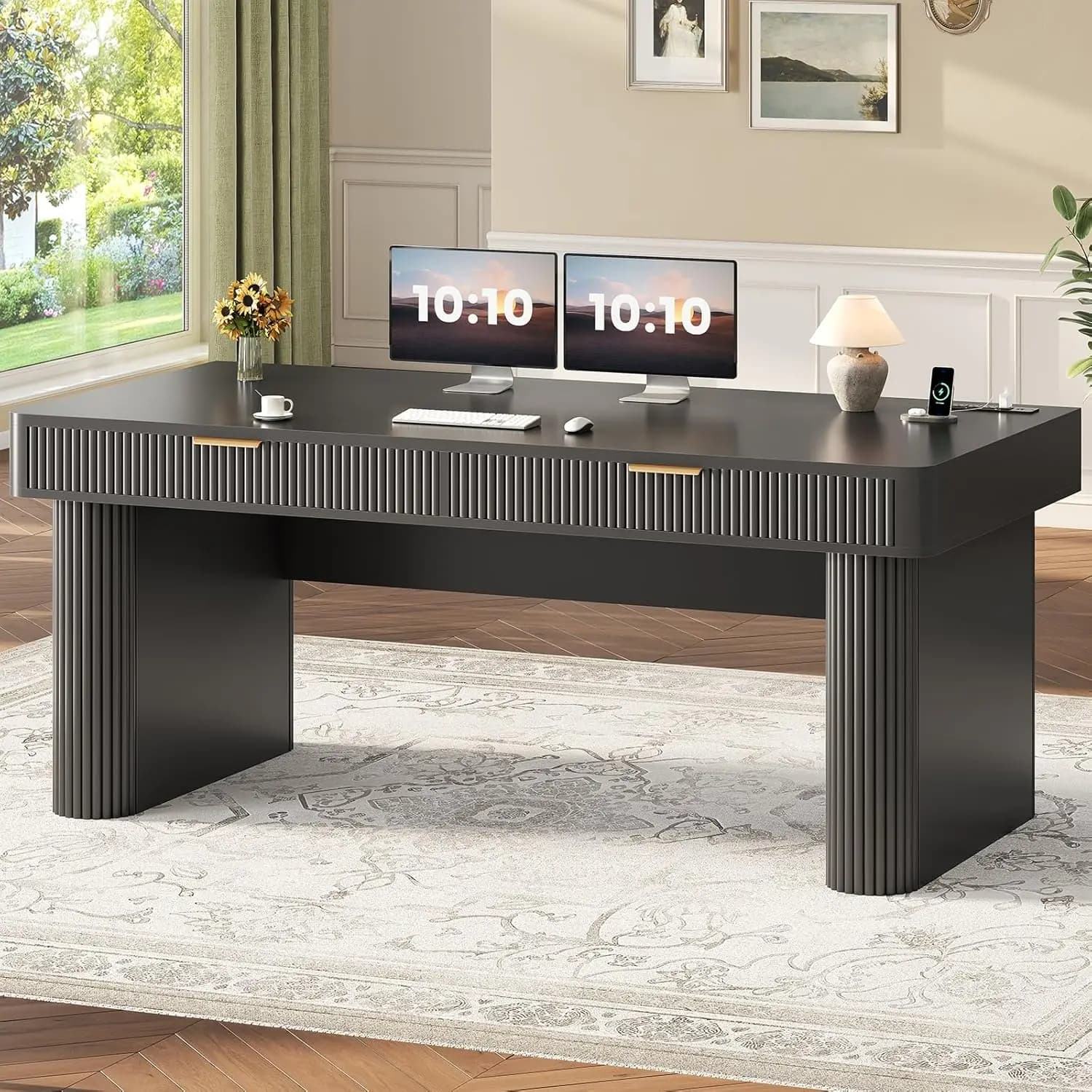 Scrivania da Ufficio con 2 Cassetti, Scrivania per Computer Scanalata da 150 cm con Spazio di Archiviazione e Presa di Corrente, Scrivania Direzionale in Legno, Personalizzabile