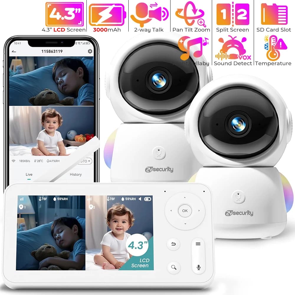 Baby monitor 2K con 2 telecamere e audio Babyphone WiFi Smartphone 2.4G per la scuola materna di animali domestici anziani 355 ° Luce notturna RGB con rotazione
